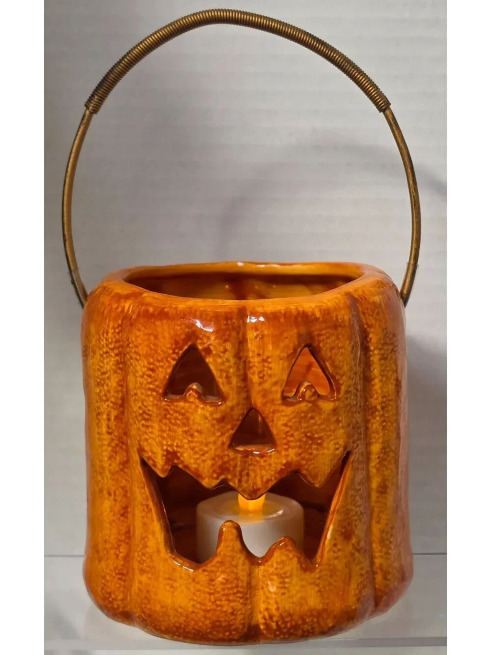 Russ Berrie Jack O Lantern Pumpkin Candle Holder Ceramic Halloween 26652